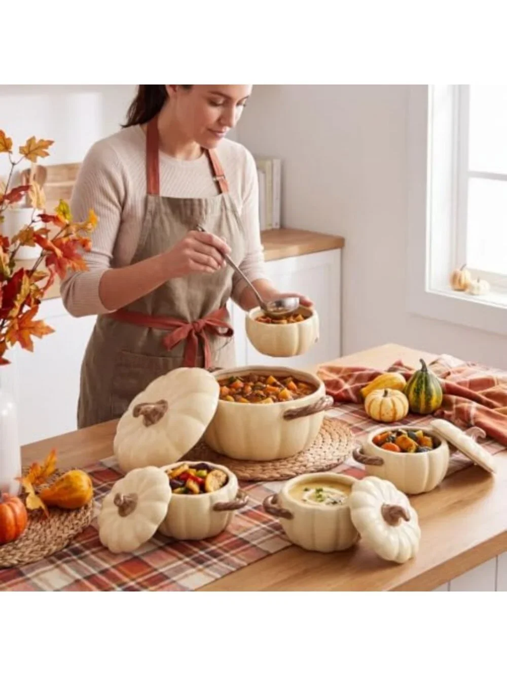 Set of 5 Decorative Ceramic Pumpkin Bowls with Lids & Handles - Cream Yellow